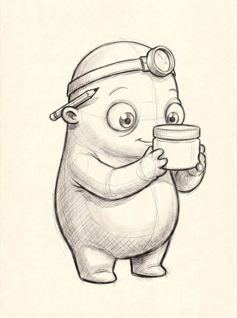 Pencil sketch of Nib, a small round creature, holding a magnifying glass up to a tube of lotion whose front label reads 'hyaluronic acid' in big letters.