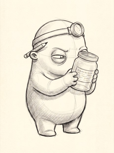Pencil sketch of Nib running a pencil down a numbered ingredient list, pausing partway when the hero ingredient finally turns up well below the top.