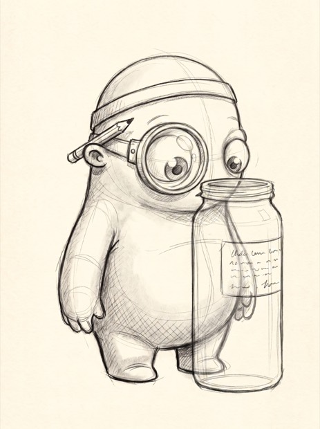 Pencil sketch of Nib holding a card that reads 'Hydrolyzed' and frowning thoughtfully, with a small bottle labelled 'HA' and another labelled 'hydrolyzed HA' side by side.