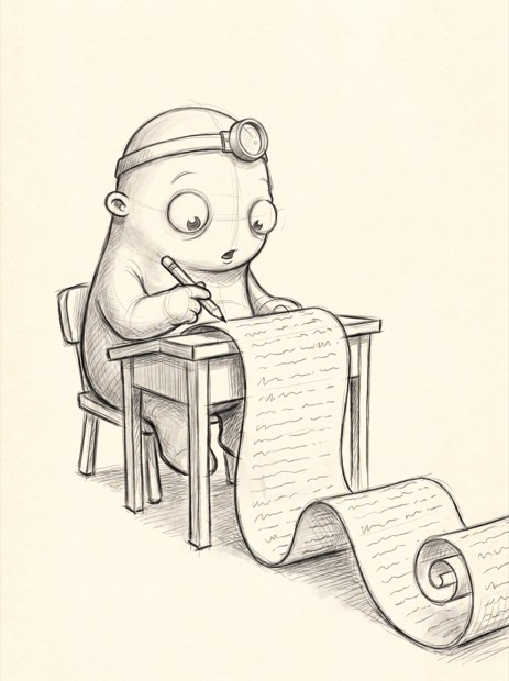 Pencil sketch of Nib pointing at the fourth item on the list and holding up a calendar page marked 2027, eyebrows raised.