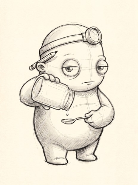 Pencil sketch of Nib setting down the magnifying glass, satisfied, beside a short note that reads 'read the list, not the name'.